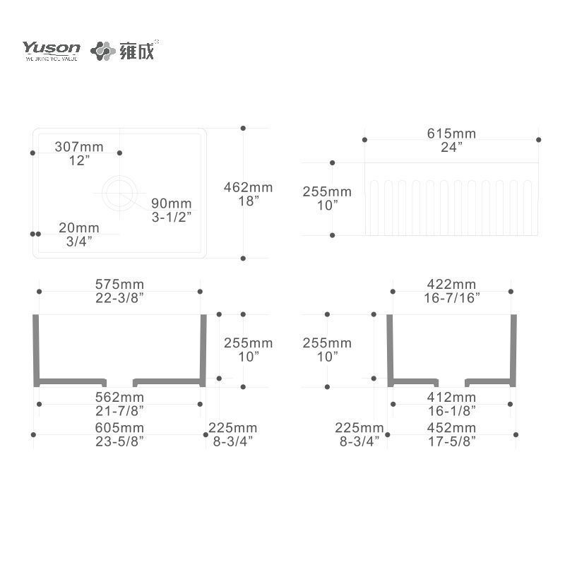 YS27110-2418	24x18 Inch Manufacturer VC Vitreous China Apron front kitchen sink single bowl large size in white color