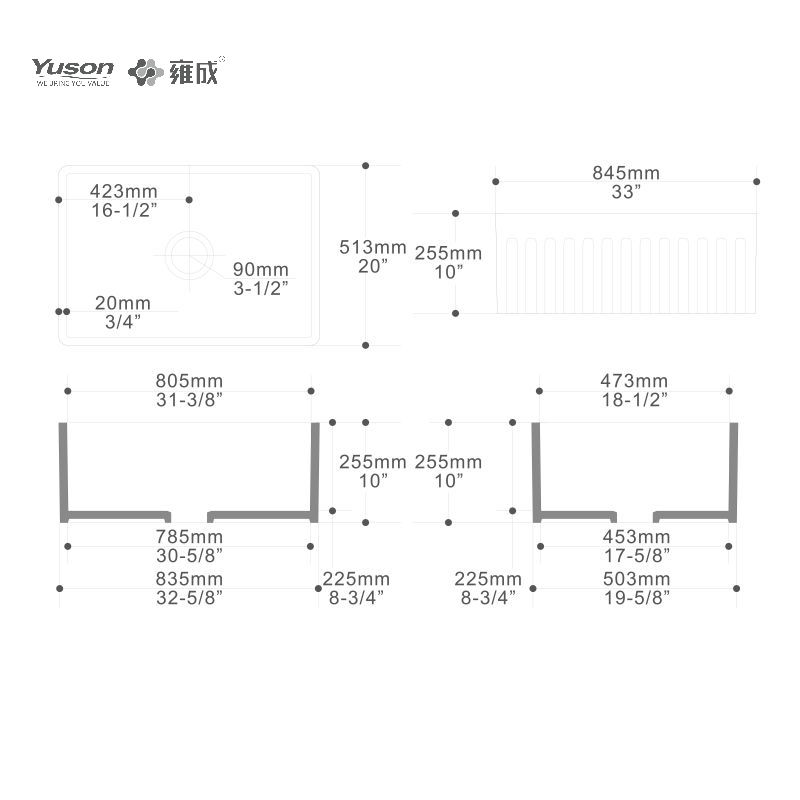 YS27111-3320	33x20 Inch Wholesale Single Bowl VC Vitreous China Apron front kitchen sink for farmhouse sink decor