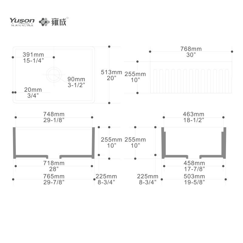 YS27112-3020	30x20 Inch Manufactuer Single Bowl VC Vitreous China Apron front kitchen sink farmhouse kitchen sink with drainboard