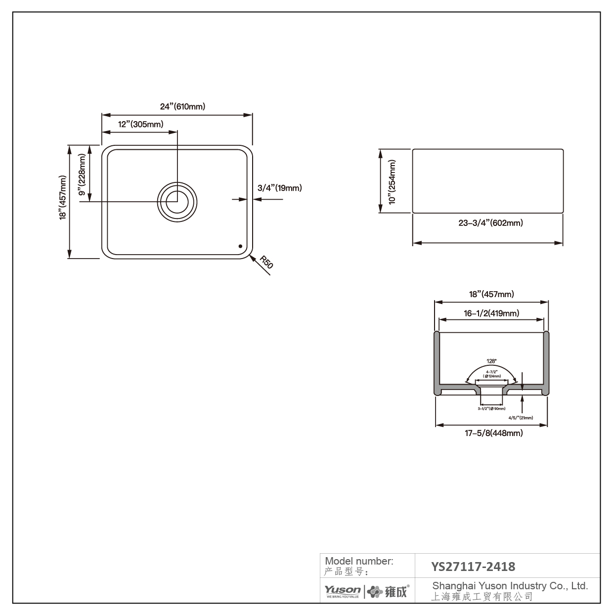 YS27117-2418	24x18 Inch Manufactuer Single Bowl VC Vitreous China Apron front kitchen sink farmhouse kitchen sink