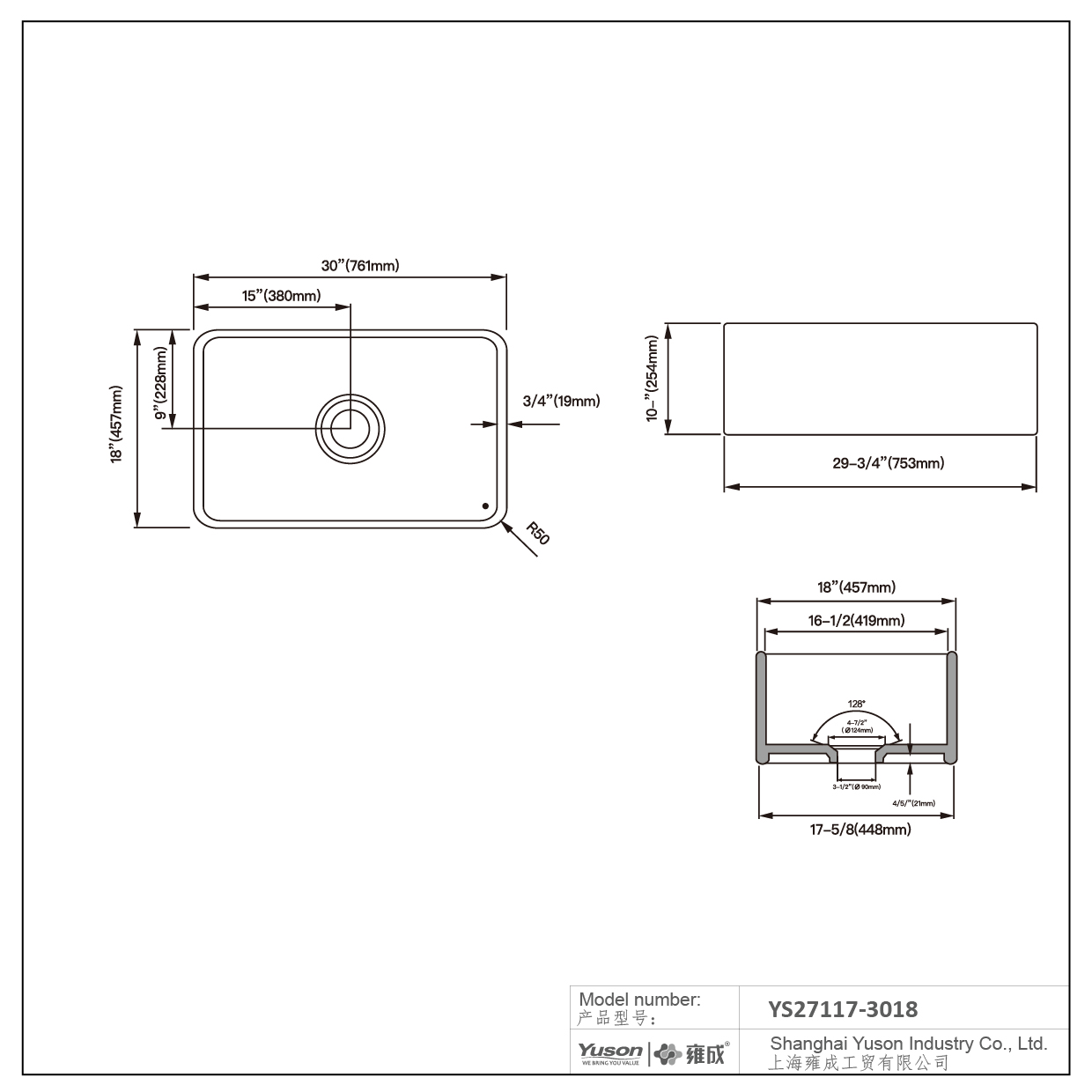 YS27117-3018	30x18 Inch Manufactuer Single Bowl VC Vitreous China Apron front kitchen sink farmhouse kitchen sink 