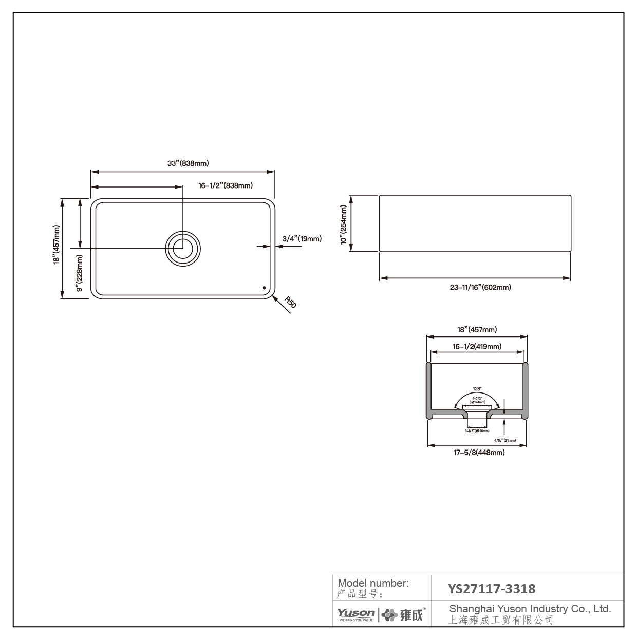 YS27117-3318	33x18 Inch Manufactuer Single Bowl VC Vitreous China Apron front kitchen sink farmhouse kitchen sink 