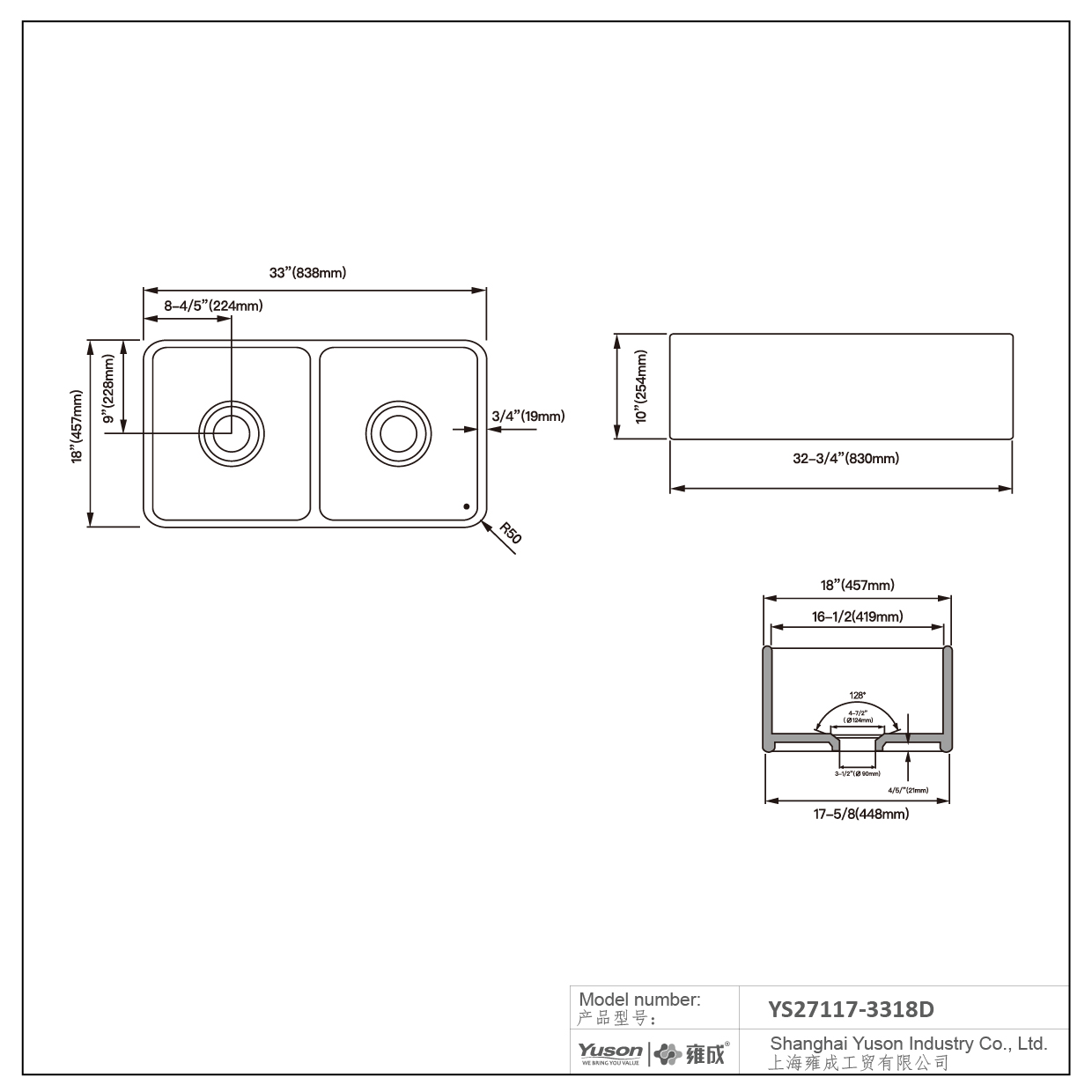 YS27117-3318D	33x18 Inch Manufactuer Double Bowl VC Vitreous China Apron front kitchen sink farmhouse kitchen sink