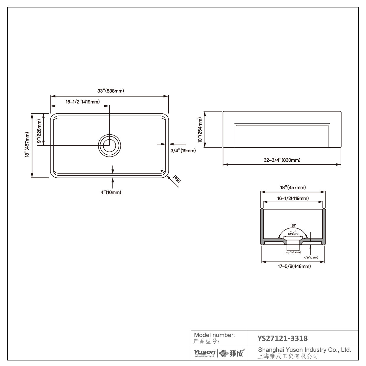 YS27121-3318	33x18 Inch Manufactuer Single Bowl VC Vitreous China Apron front kitchen sink farmhouse kitchen sink with drainboard and chopping block